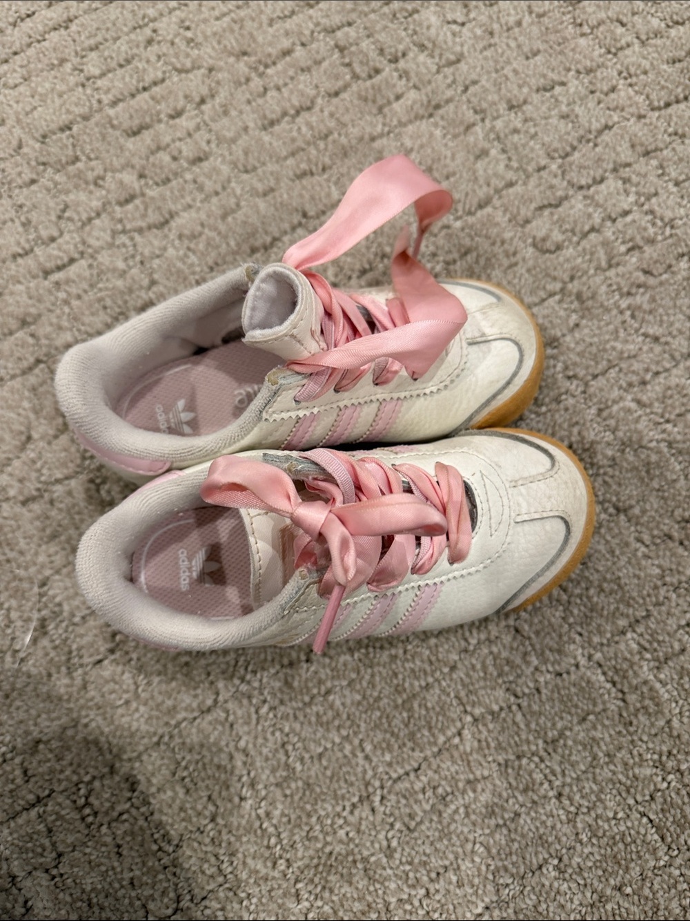 adidas Kids White Sneakers with Pink Accents and Satin Laces